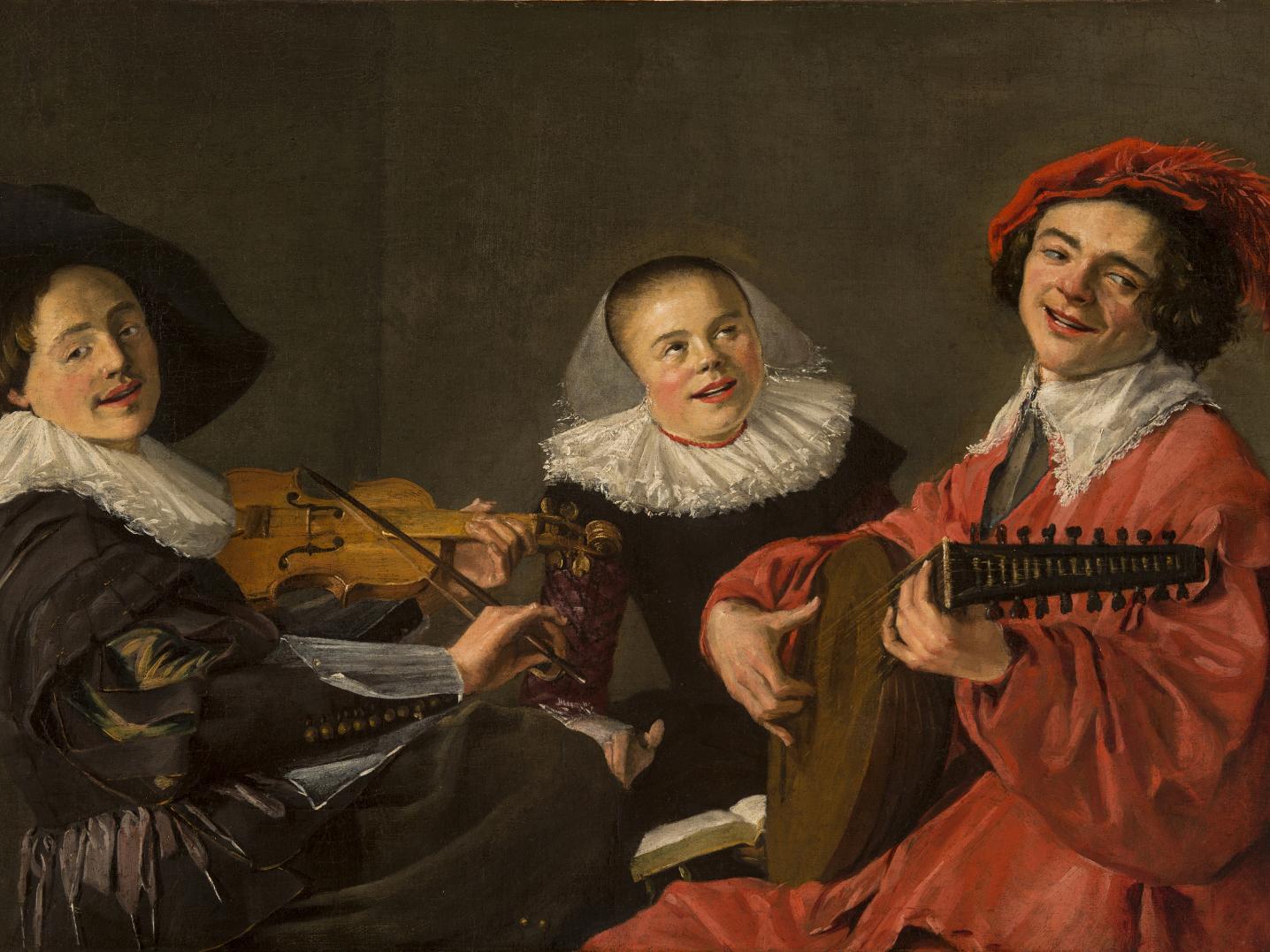 A 17th century painting of three musicians playing a lute, a violin and a drum.